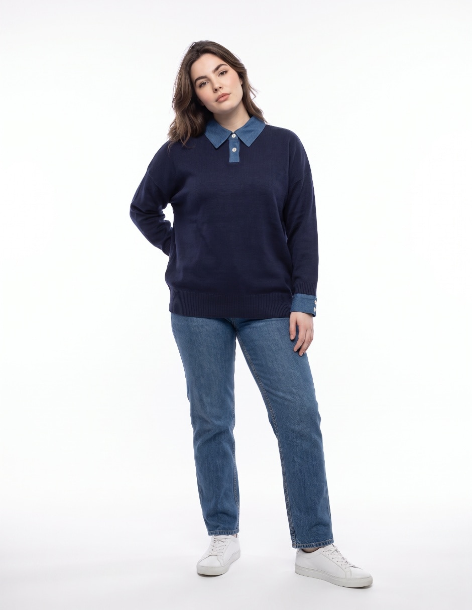 Playera manga larga cuello camisero para mujer
